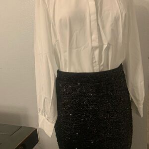 Elegant Black Sequin Skirt and White Button Up Blouse 2XL
